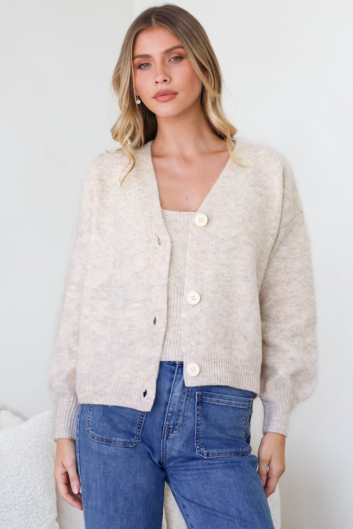 Indie Cardigan Set - Knit Top and Button Down Cardigan Set in Oatmeal