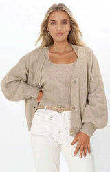 Indie Cardigan Set - Knit Top and Button Down Cardigan Set in Taupe