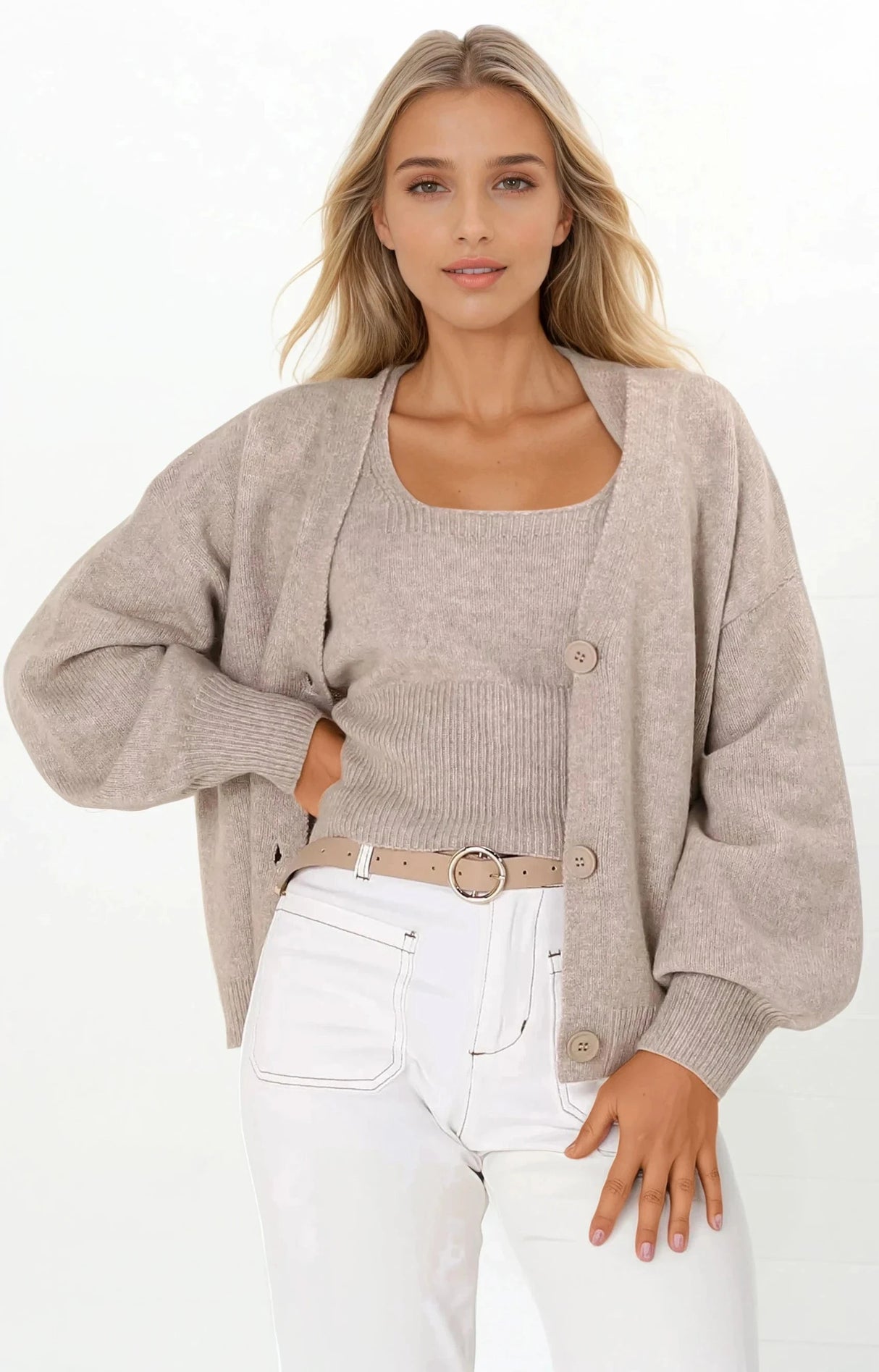 Indie Cardigan Set - Knit Top and Button Down Cardigan Set in Taupe