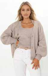 Indie Cardigan Set - Knit Top and Button Down Cardigan Set in Taupe