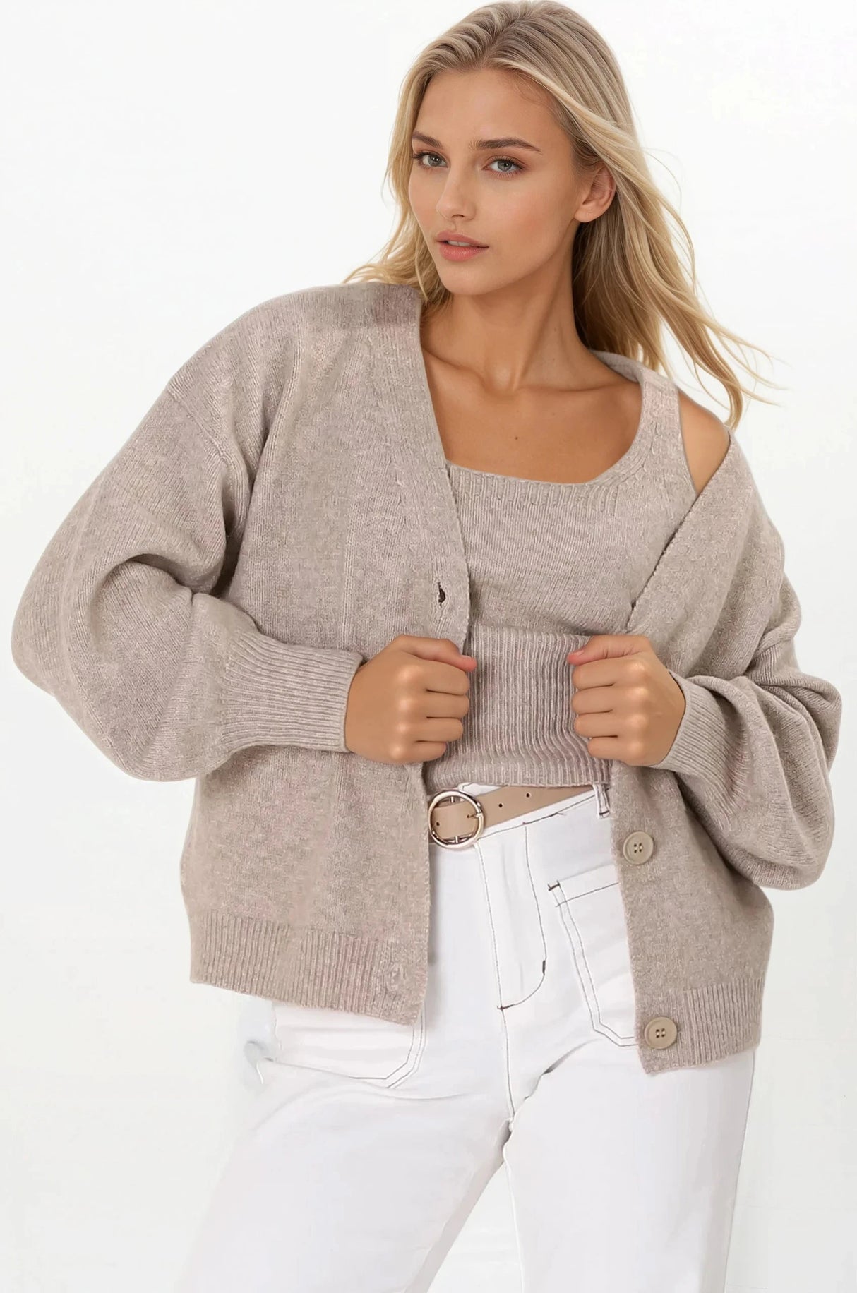 Indie Cardigan Set - Knit Top and Button Down Cardigan Set in Taupe