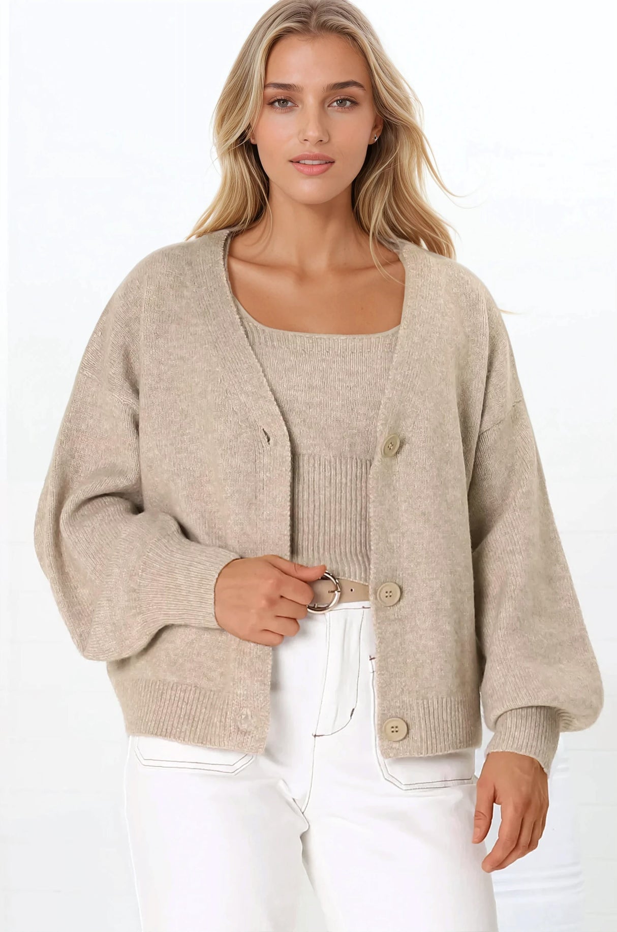 Indie Cardigan Set - Knit Top and Button Down Cardigan Set in Taupe