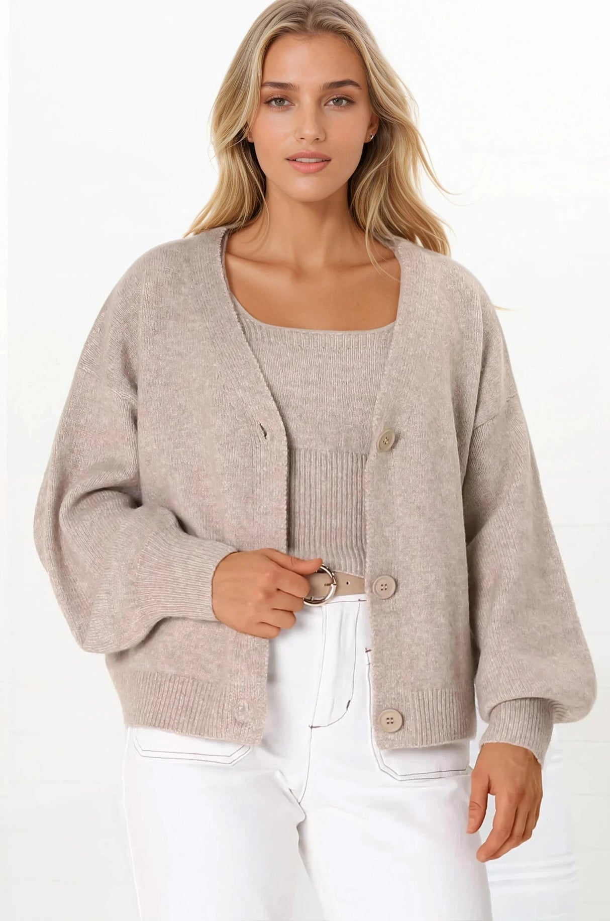 Indie Cardigan Set - Knit Top and Button Down Cardigan Set in Taupe