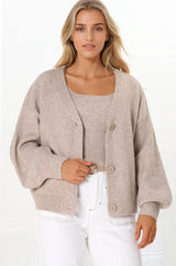Indie Cardigan Set - Knit Top and Button Down Cardigan Set in Taupe
