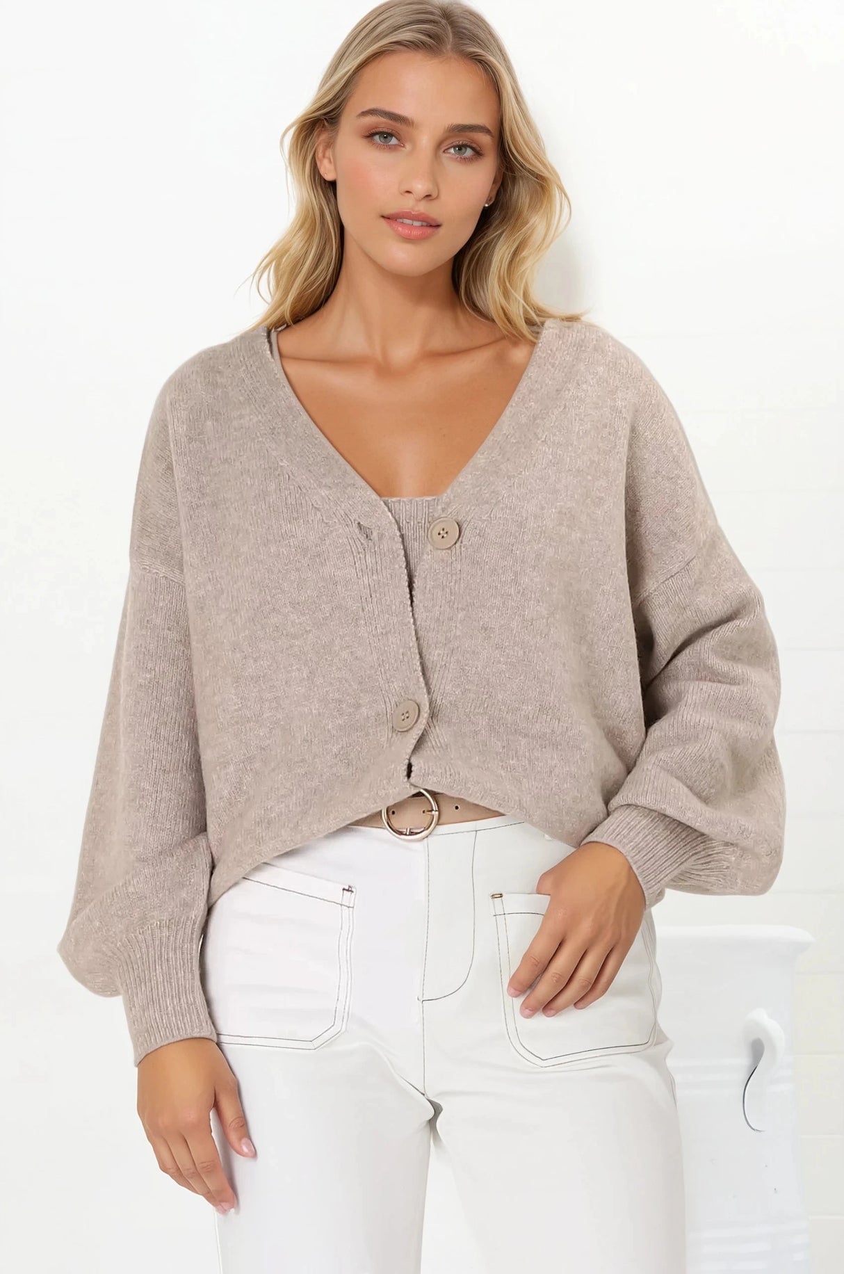 Indie Cardigan Set - Knit Top and Button Down Cardigan Set in Taupe