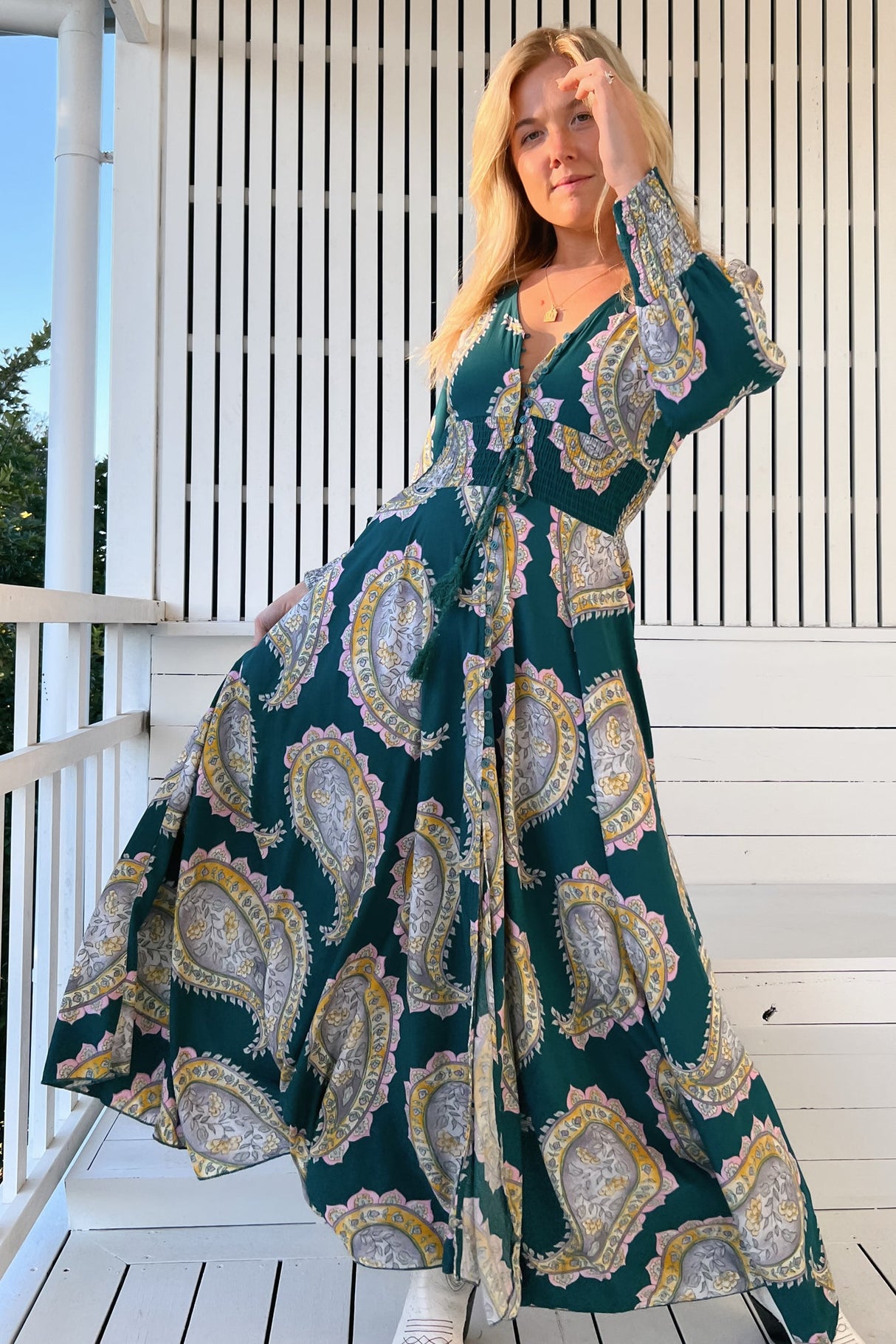 JAASE - Indie Maxi Dress: A-Line Long Sleeve Dress with Handkerchief Hem in Mahala Print