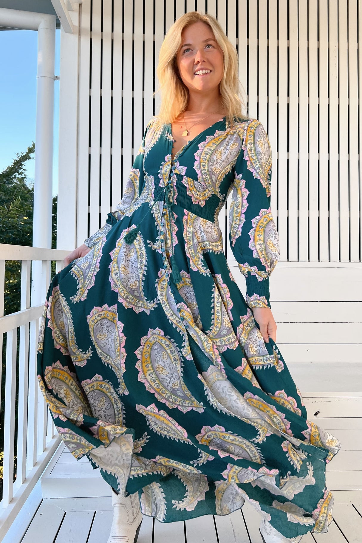 JAASE - Indie Maxi Dress: A-Line Long Sleeve Dress with Handkerchief Hem in Mahala Print