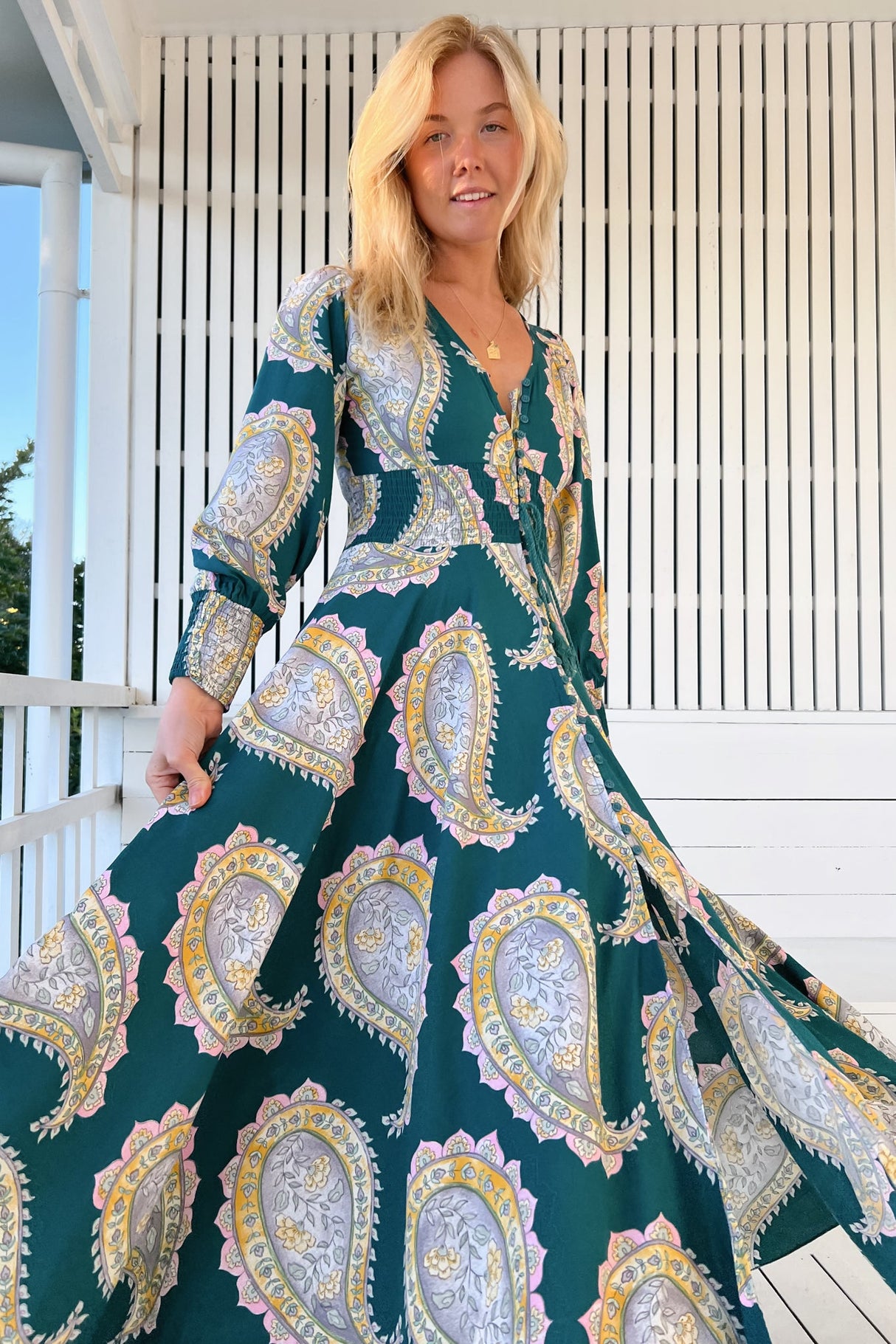 JAASE - Indie Maxi Dress: A-Line Long Sleeve Dress with Handkerchief Hem in Mahala Print