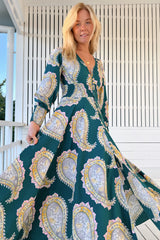 JAASE - Indie Maxi Dress: A-Line Long Sleeve Dress with Handkerchief Hem in Mahala Print