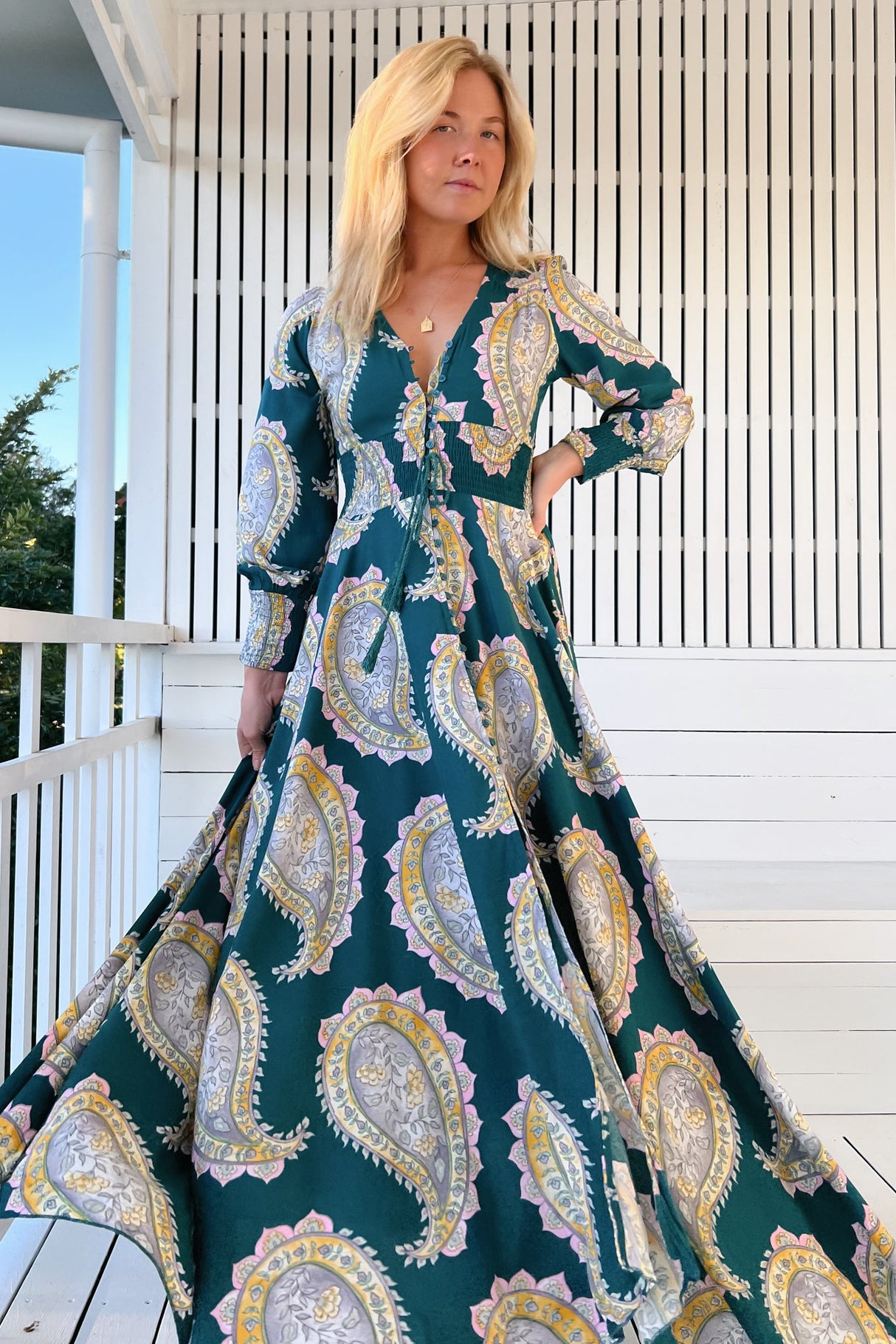 JAASE - Indie Maxi Dress: A-Line Long Sleeve Dress with Handkerchief Hem in Mahala Print