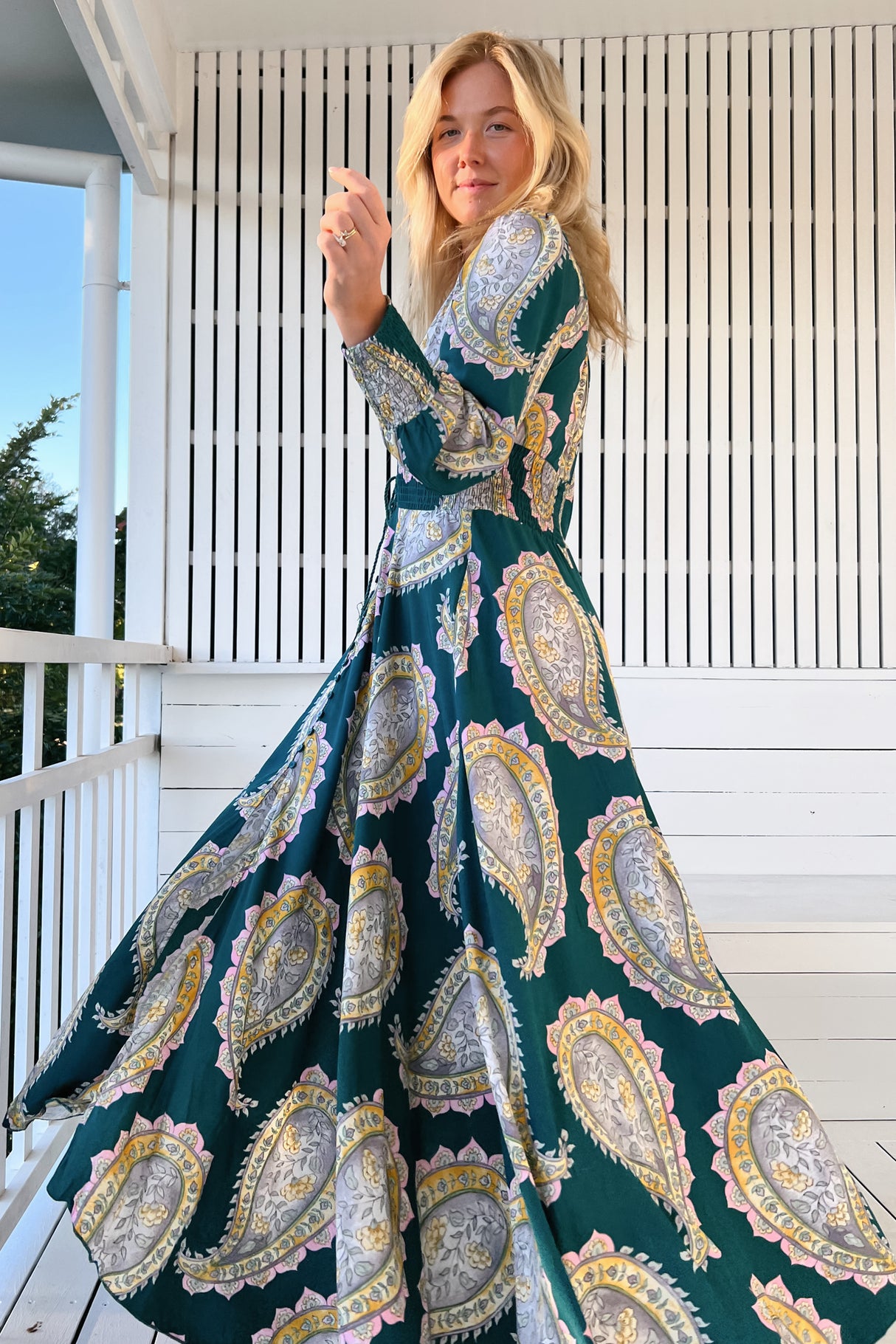 JAASE - Indie Maxi Dress: A-Line Long Sleeve Dress with Handkerchief Hem in Mahala Print