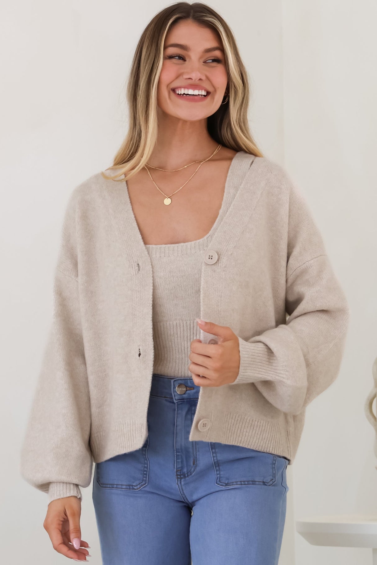 Indie Cardigan Set - Knit Top and Button Down Cardigan Set in Beige