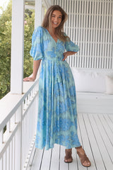 JAASE - Indy Maxi Dress: Balloon Sleeve Button Through Dress in Summer Song Print