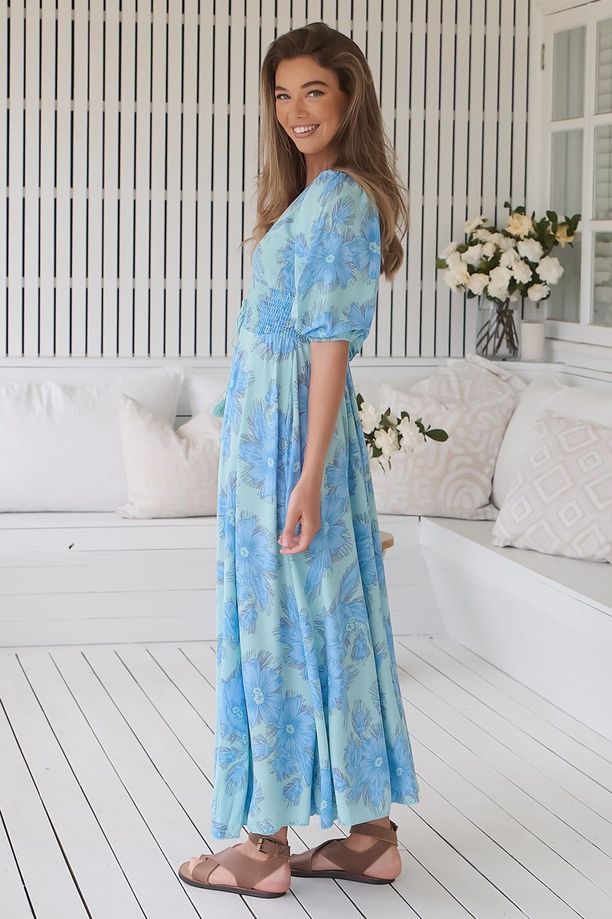 JAASE - Indy Maxi Dress: Balloon Sleeve Button Through Dress in Summer Song Print