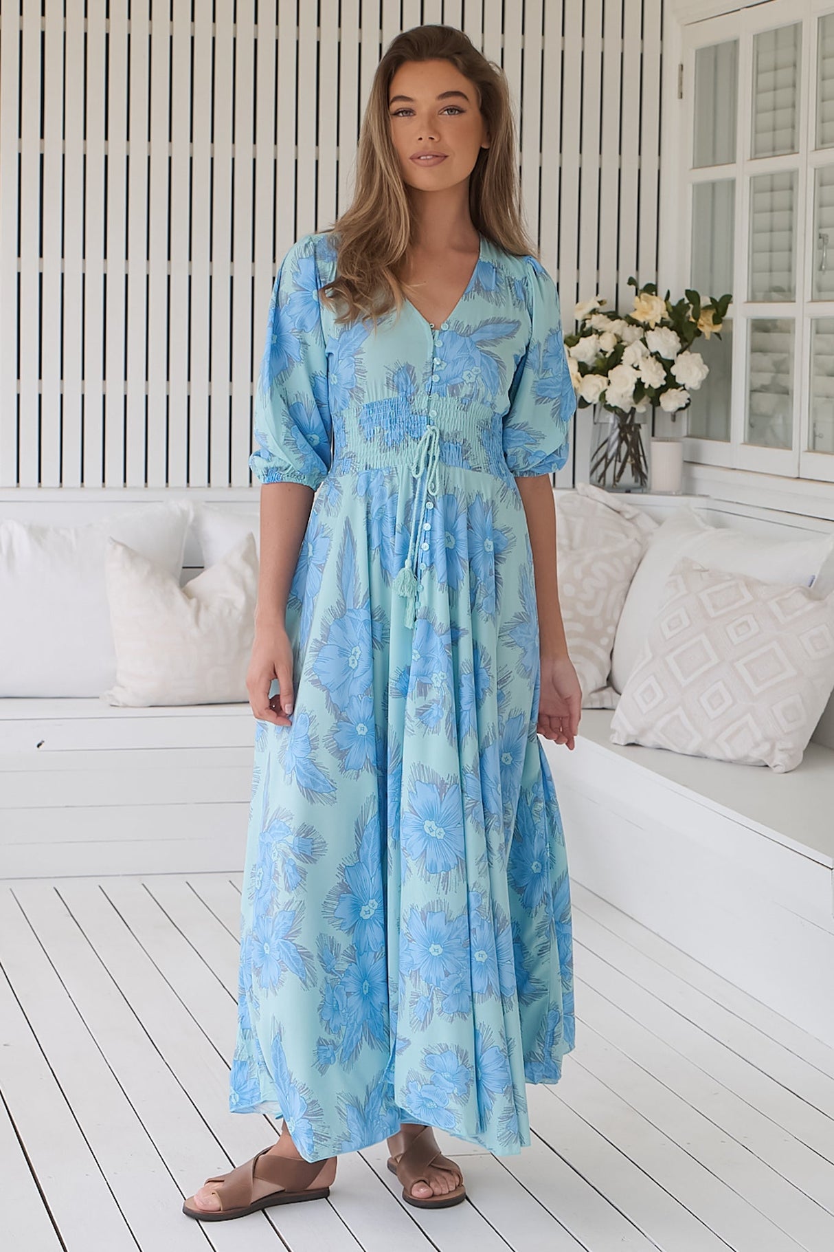 JAASE - Indy Maxi Dress: Balloon Sleeve Button Through Dress in Summer Song Print