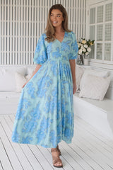 Indy Maxi Dress - Balloon Sleeve Button Through Dress in Summer Song Print