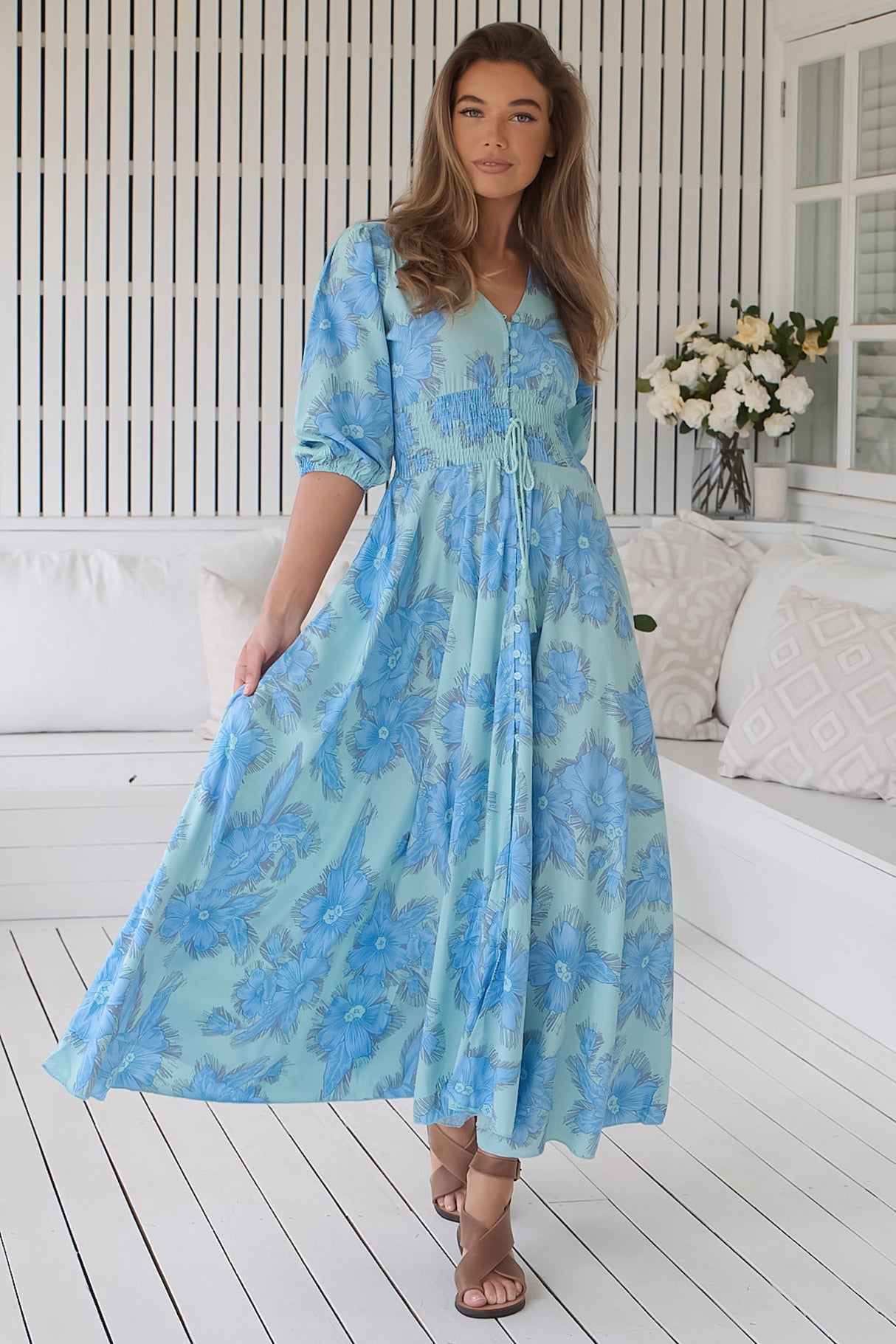 Indy Maxi Dress - Balloon Sleeve Button Through Dress in Summer Song Print