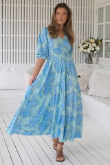 JAASE - Indy Maxi Dress: Balloon Sleeve Button Through Dress in Summer Song Print