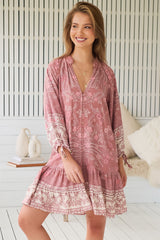 JAASE - Inka Mini Dress: Mandarin Collar Button Down Dress with Belt in Angelina Print