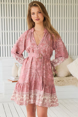 JAASE - Inka Mini Dress: Mandarin Collar Button Down Dress with Belt in Angelina Print
