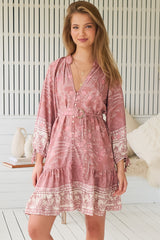 JAASE - Inka Mini Dress: Mandarin Collar Button Down Dress with Belt in Angelina Print