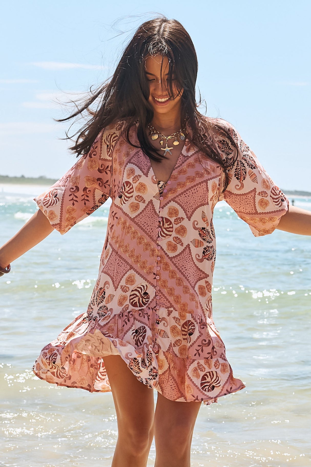 JAASE - Inka Mini Dress: Mandarin Collar Button Down Dress with Belt in Tahitian Print