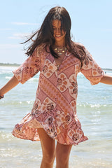 JAASE - Inka Mini Dress: Mandarin Collar Button Down Dress with Belt in Tahitian Print