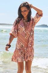 JAASE - Inka Mini Dress: Mandarin Collar Button Down Dress with Belt in Tahitian Print