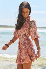 JAASE - Inka Mini Dress: Mandarin Collar Button Down Dress with Belt in Tahitian Print