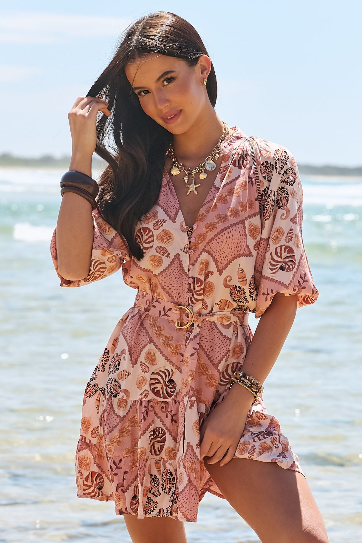 JAASE - Inka Mini Dress: Mandarin Collar Button Down Dress with Belt in Tahitian Print