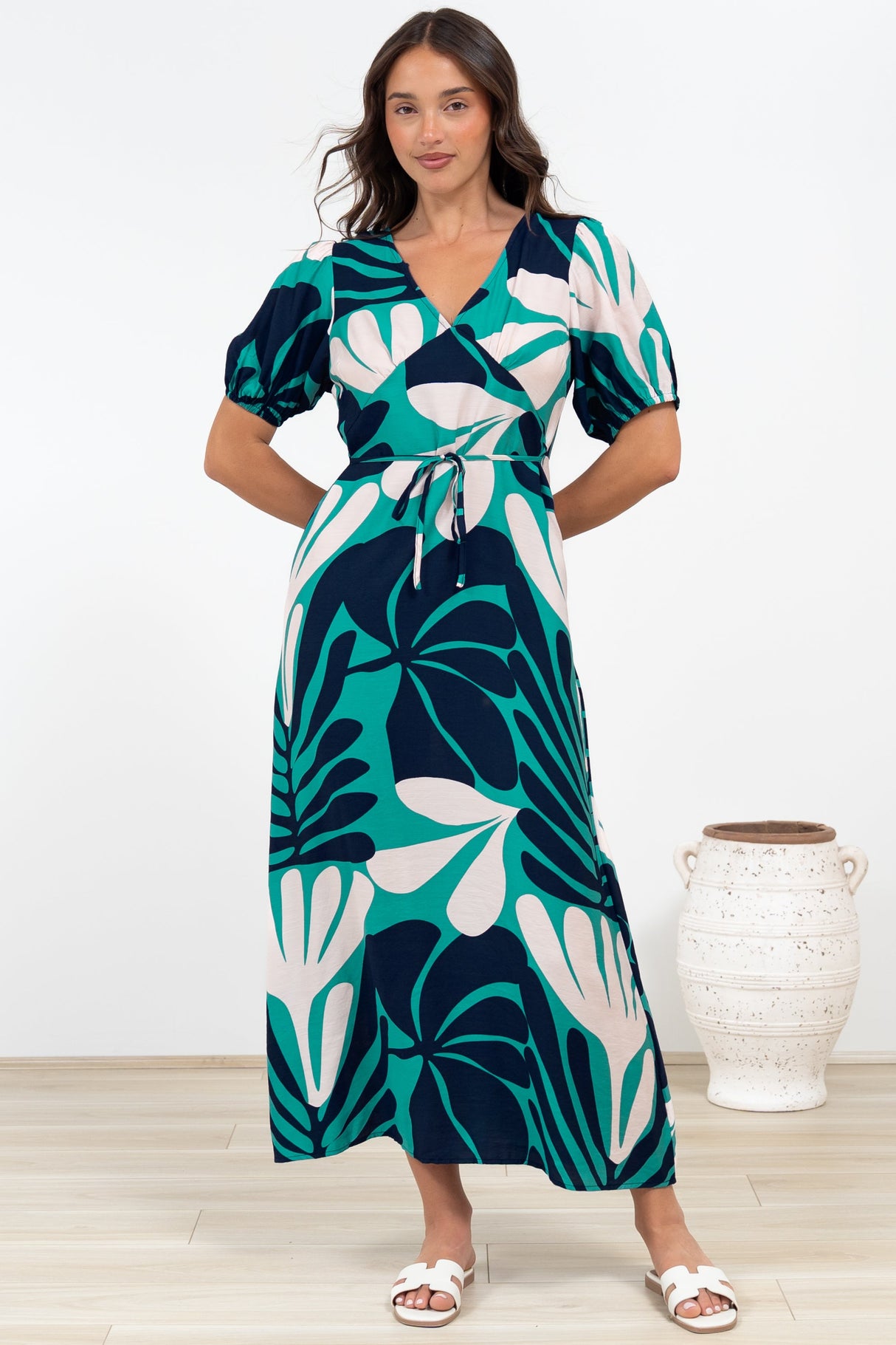 Ione Maxi Dress - V-Neck Empire Line Dress with Waist Tie in Mystic Print