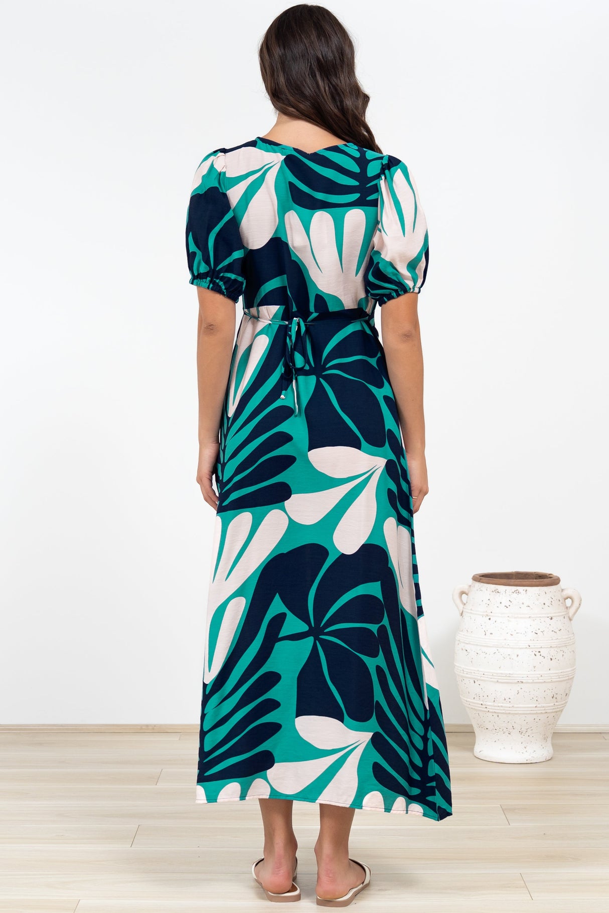 Ione Maxi Dress - V-Neck Empire Line Dress with Waist Tie in Mystic Print