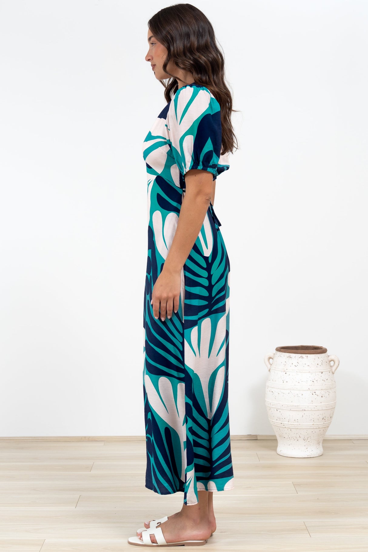 Ione Maxi Dress - V-Neck Empire Line Dress with Waist Tie in Mystic Print