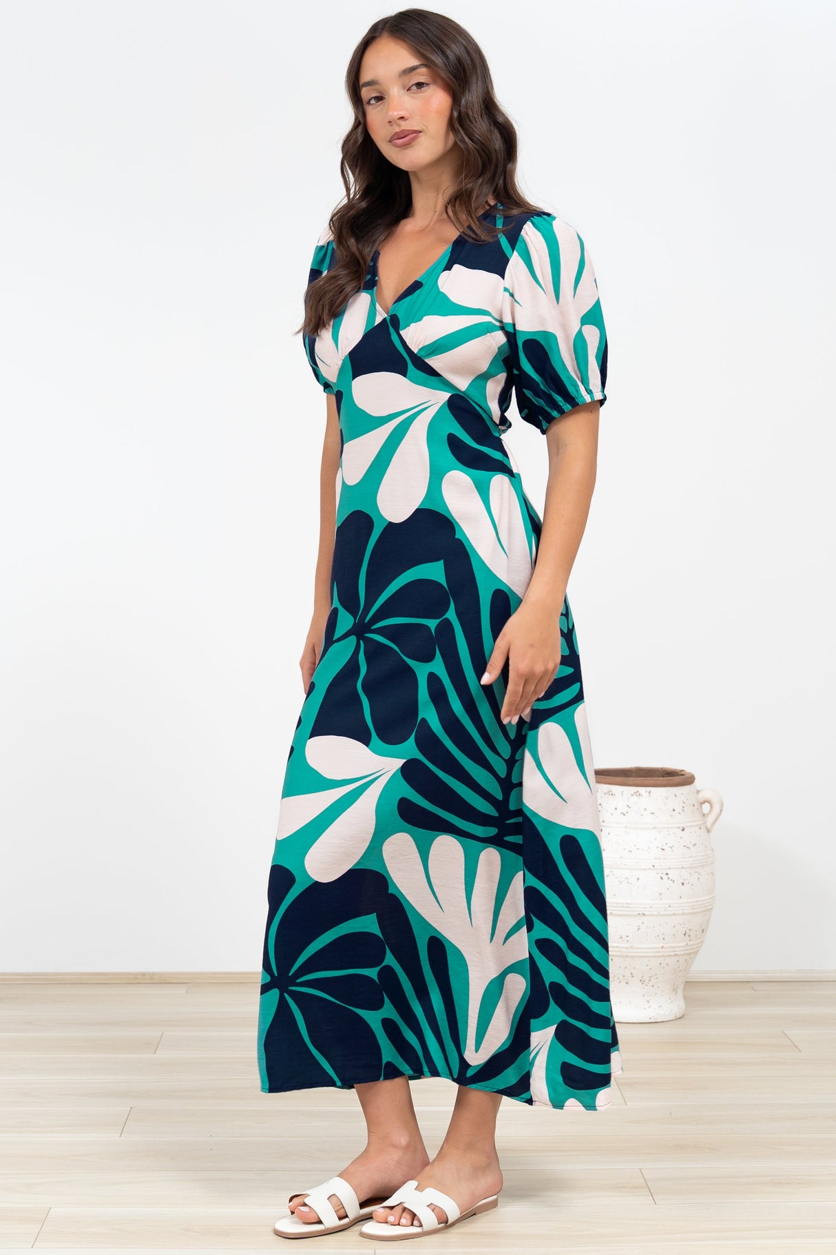 Ione Maxi Dress - V-Neck Empire Line Dress with Waist Tie in Mystic Print