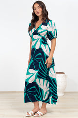 Ione Maxi Dress - V-Neck Empire Line Dress with Waist Tie in Mystic Print