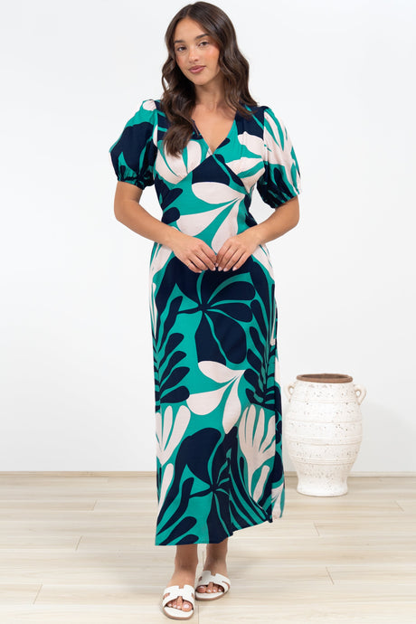 Ione Maxi Dress - V-Neck Empire Line Dress with Waist Tie in Mystic Print
