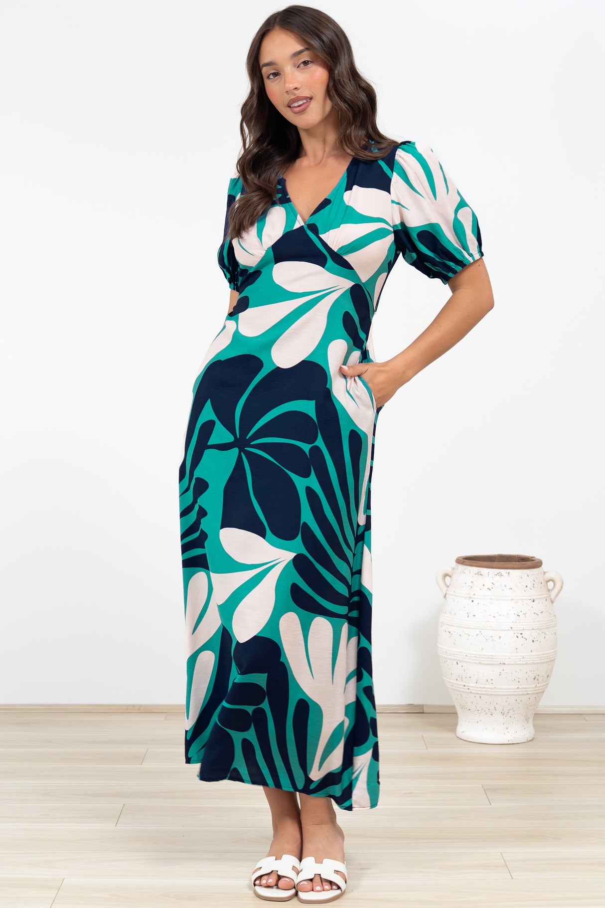 Ione Maxi Dress - V-Neck Empire Line Dress with Waist Tie in Mystic Print