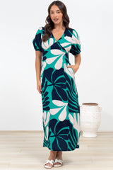 Ione Maxi Dress - V-Neck Empire Line Dress with Waist Tie in Mystic Print