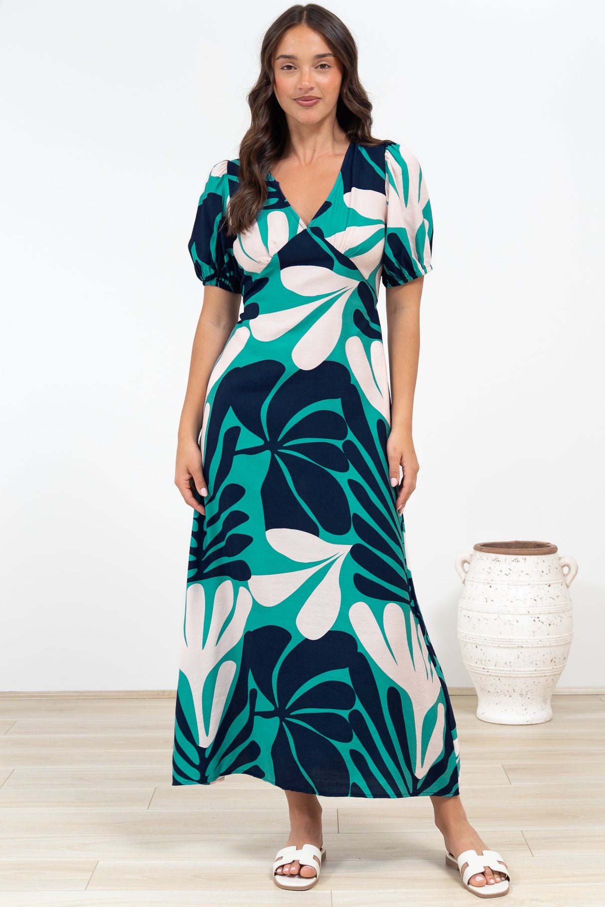 Ione Maxi Dress - V-Neck Empire Line Dress with Waist Tie in Mystic Print