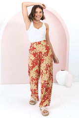 Ione Pants - Fitted High Waisted Wide Leg Pants in Mistle Print