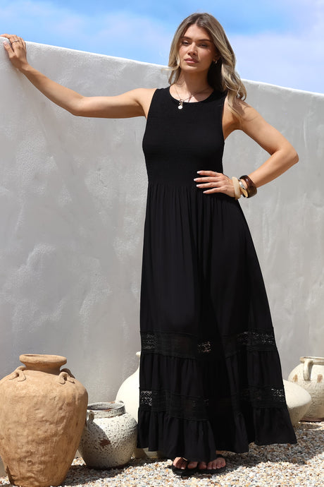 Irene Maxi Dress - Sleeveless Shirred Bodice Dress with Lace Inserts in Black