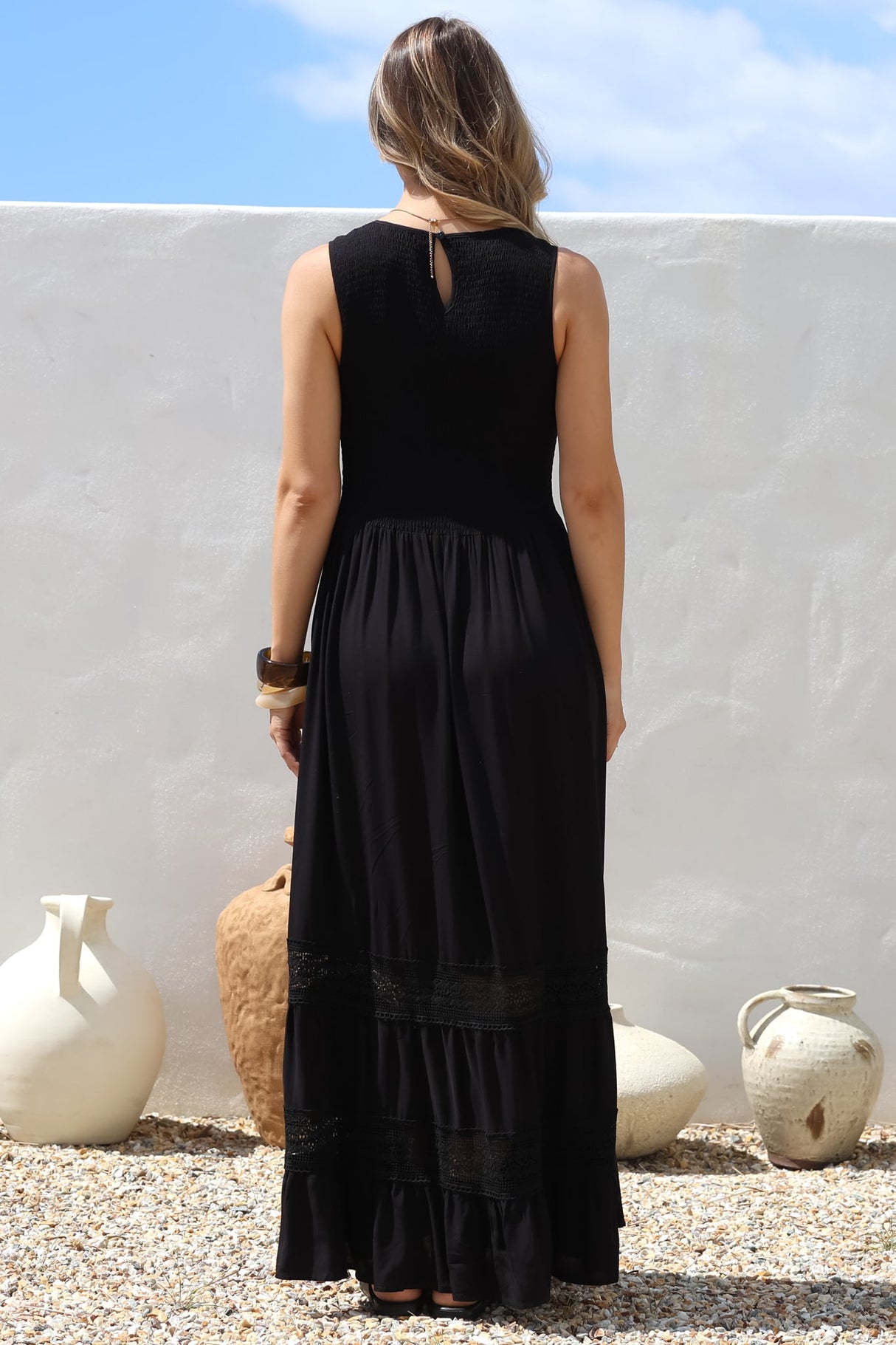 Irene Maxi Dress - Sleeveless Shirred Bodice Dress with Lace Inserts in Black