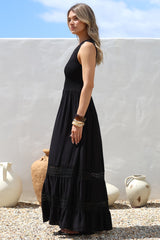 Irene Maxi Dress - Sleeveless Shirred Bodice Dress with Lace Inserts in Black