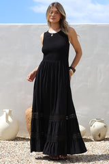 Irene Maxi Dress - Sleeveless Shirred Bodice Dress with Lace Inserts in Black