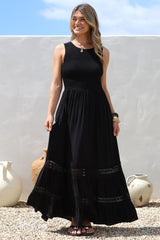 Irene Maxi Dress - Sleeveless Shirred Bodice Dress with Lace Inserts in Black