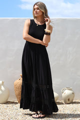 Irene Maxi Dress - Sleeveless Shirred Bodice Dress with Lace Inserts in Black