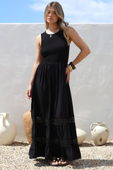 Irene Maxi Dress - Sleeveless Shirred Bodice Dress with Lace Inserts in Black
