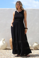 Irene Maxi Dress - Sleeveless Shirred Bodice Dress with Lace Inserts in Black