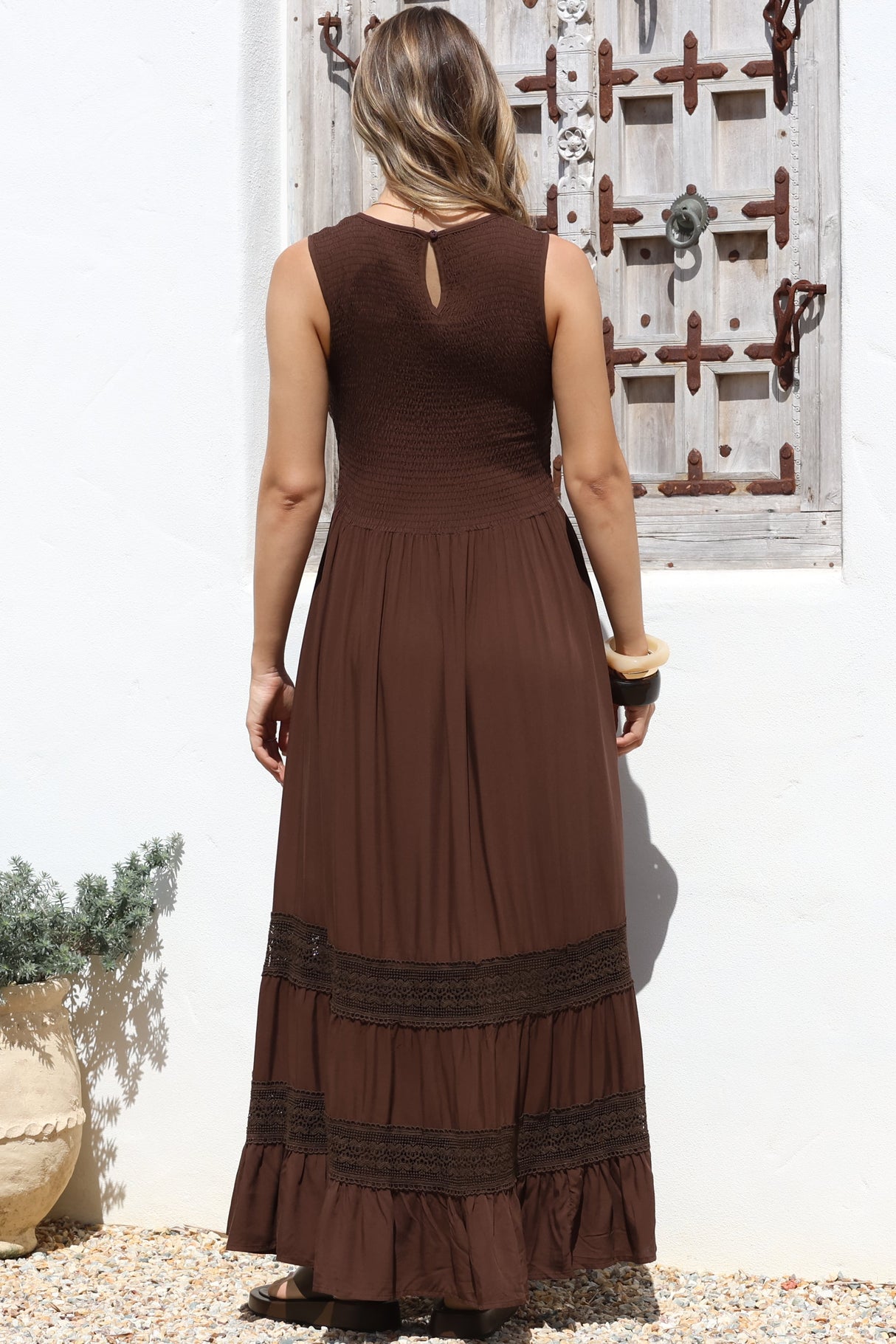 Irene Maxi Dress - Sleeveless Shirred Bodice Dress with Lace Inserts in Chocolate