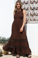 Irene Maxi Dress - Sleeveless Shirred Bodice Dress with Lace Inserts in Chocolate